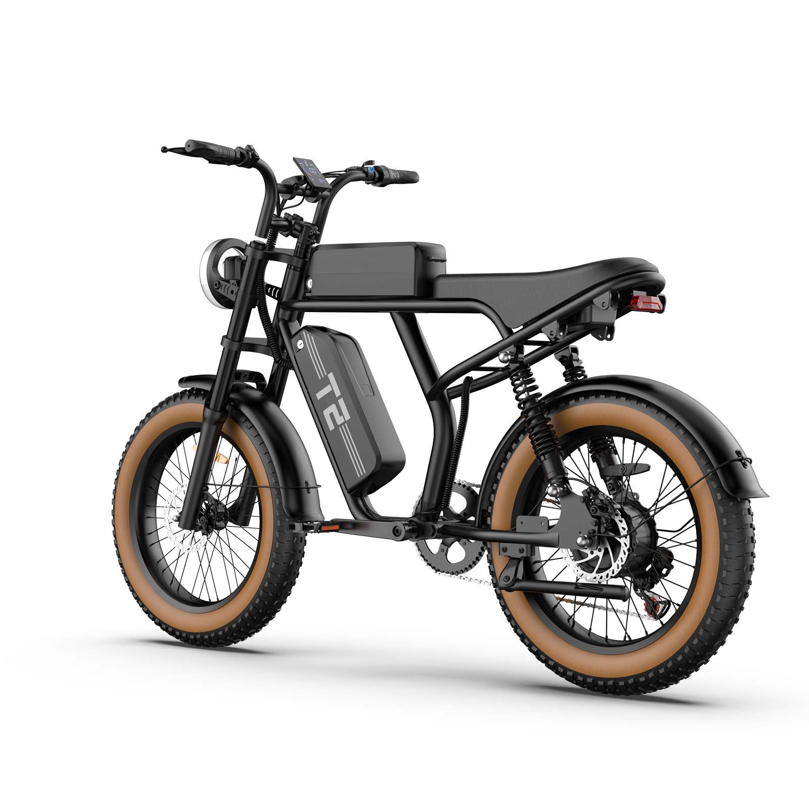 Bicicletta elettrica nera con pneumatici marroni. "T2" sul telaio. Vista posteriore, sella e faro visibili.