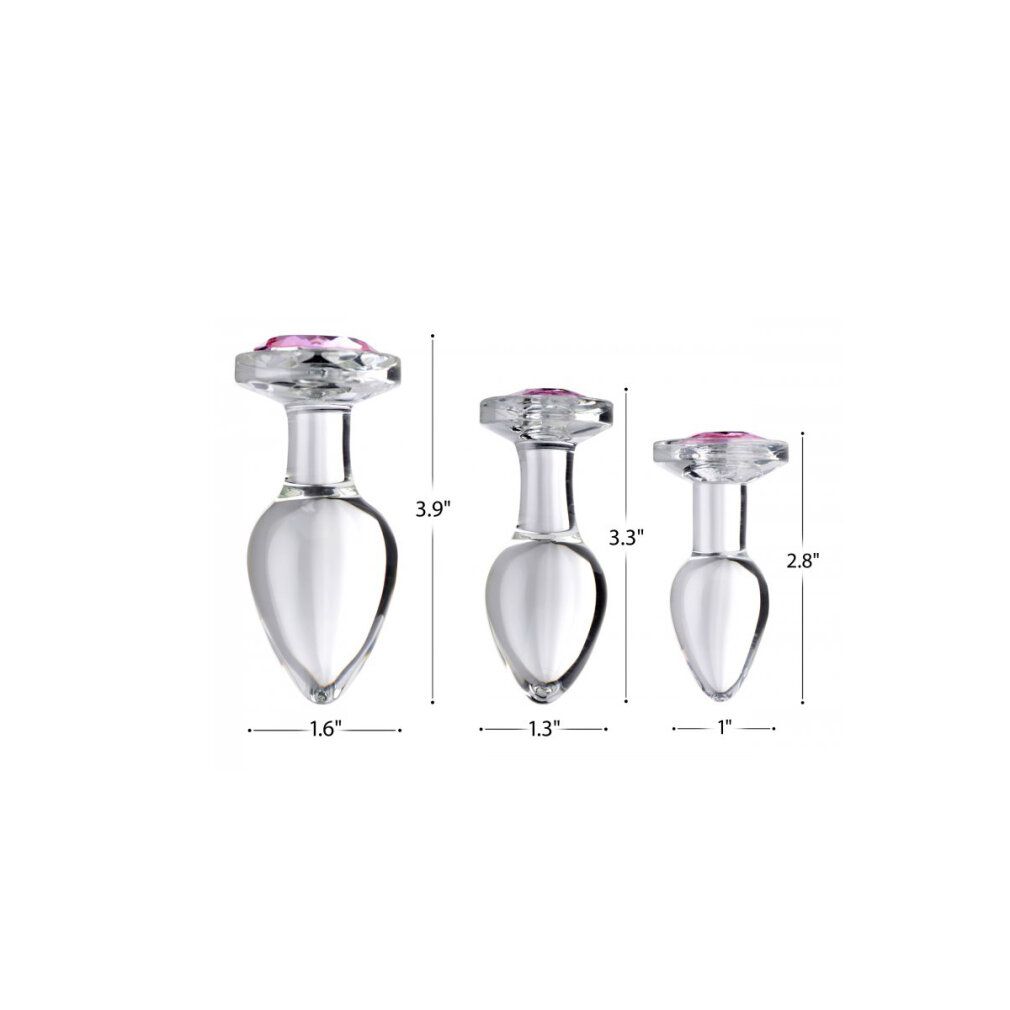 Tre plug anali in vetro con gemme rosa. Dimensioni: 1.0", 1.3", 1.6" di diametro. Dimensioni in pollici.