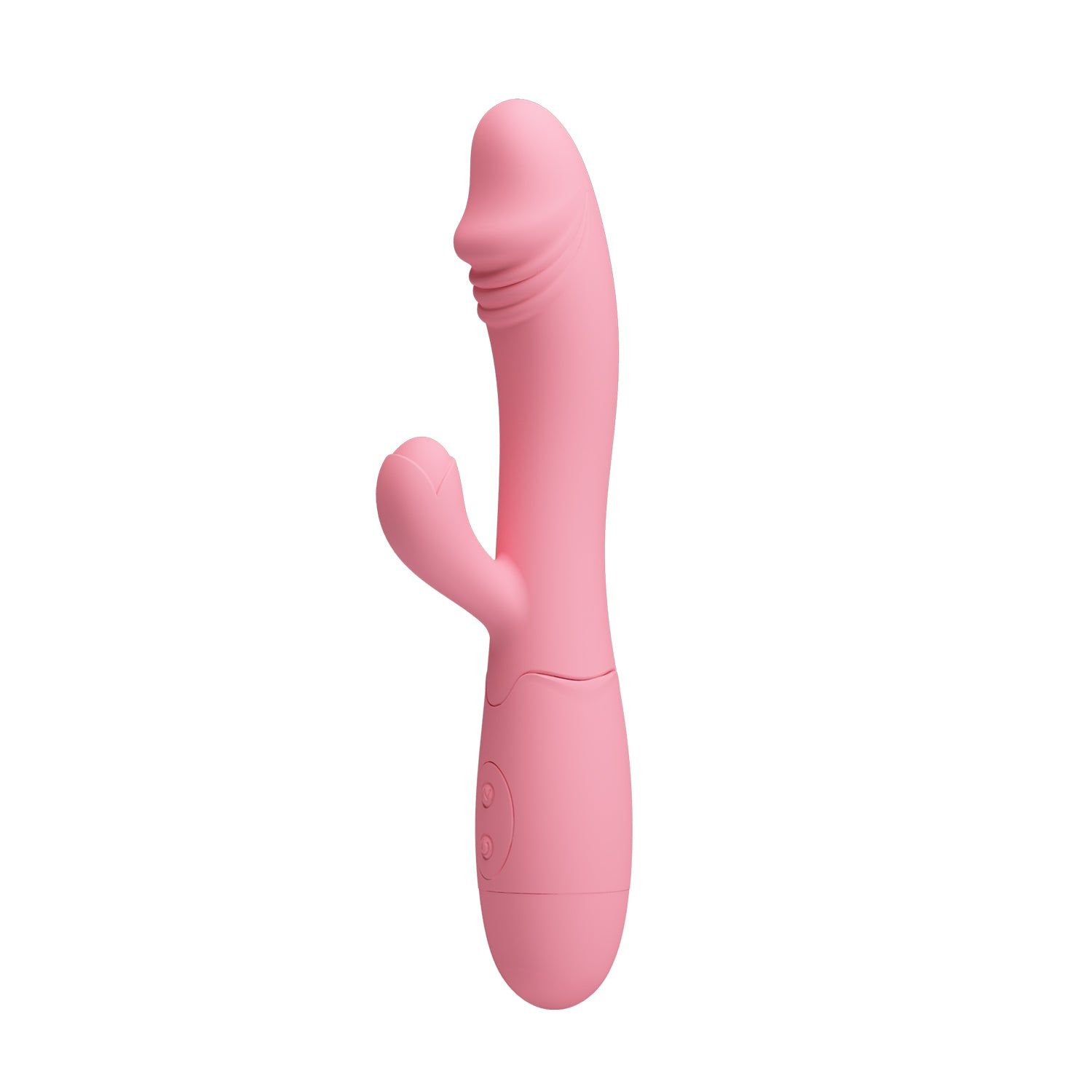 Vibratore rosa, forma curva. Due pulsanti sull'impugnatura. Materiale siliconico.