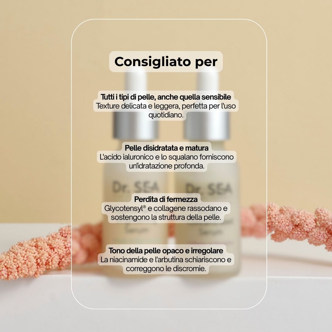 Due flaconi di siero con testo. Testo: Dr. SEA, Rejuvenating Brightening Serum, Arbutin & Niacinamide. Con infografica.