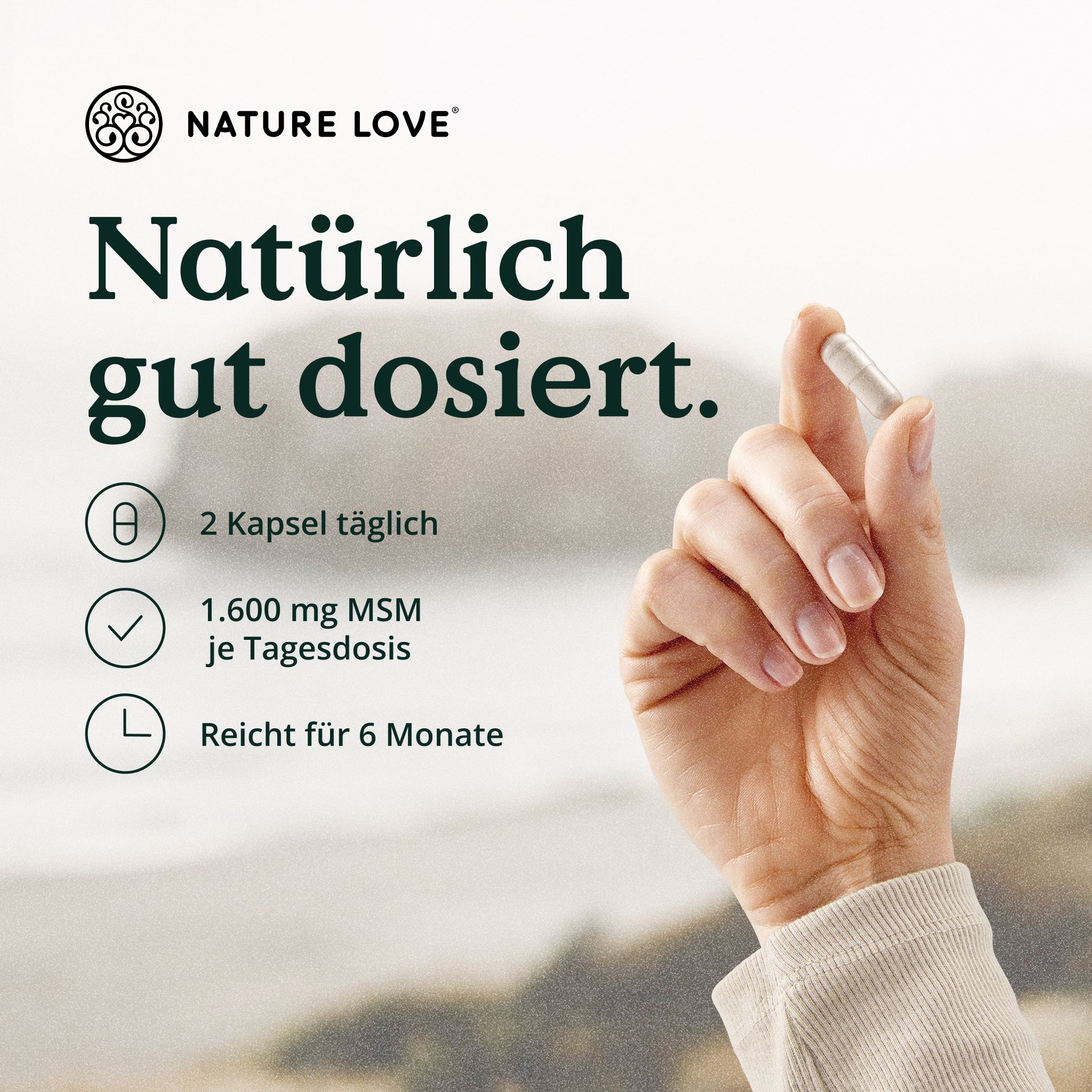 Mano che tiene una capsula. 1.600 mg di MSM per dose giornaliera, dura 6 mesi.