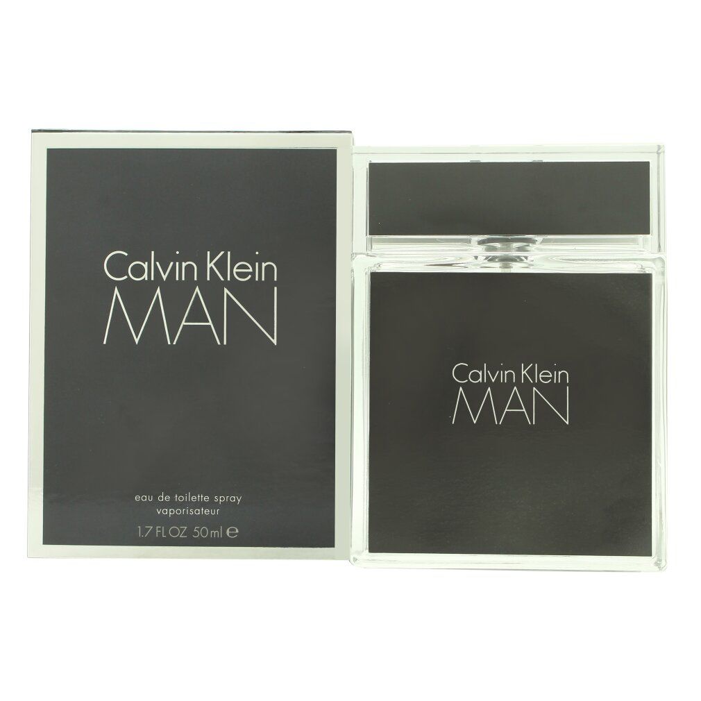 Scatola e flacone grigio scuro. Scritta "Calvin Klein MAN". Flacone con tappo argentato. Testo: "Eau de Toilette Spray".