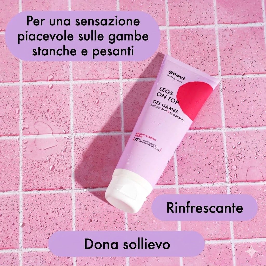 Tubo rosa GOOVI Legs On Top Gel su piastrelle rosa. Testo: Rinfrescante, Dona sollievo. Nome prodotto.