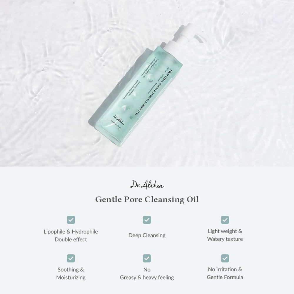 Olio detergente vegano Dr. Althea Gentle Pore nell'acqua, con caratteristiche come 'Deep Cleansing'.