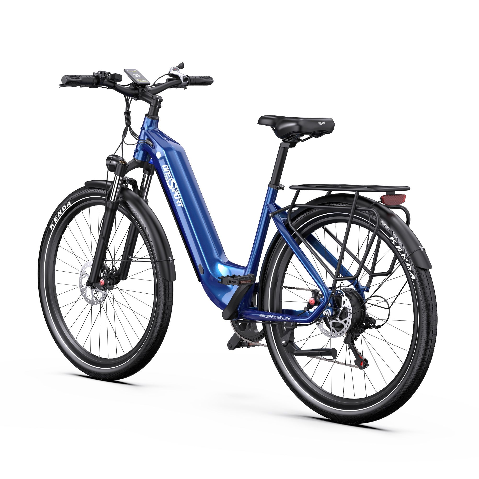 E-bike blu, vista posteriore, con portapacchi, pneumatici Kenda e display sul manubrio.