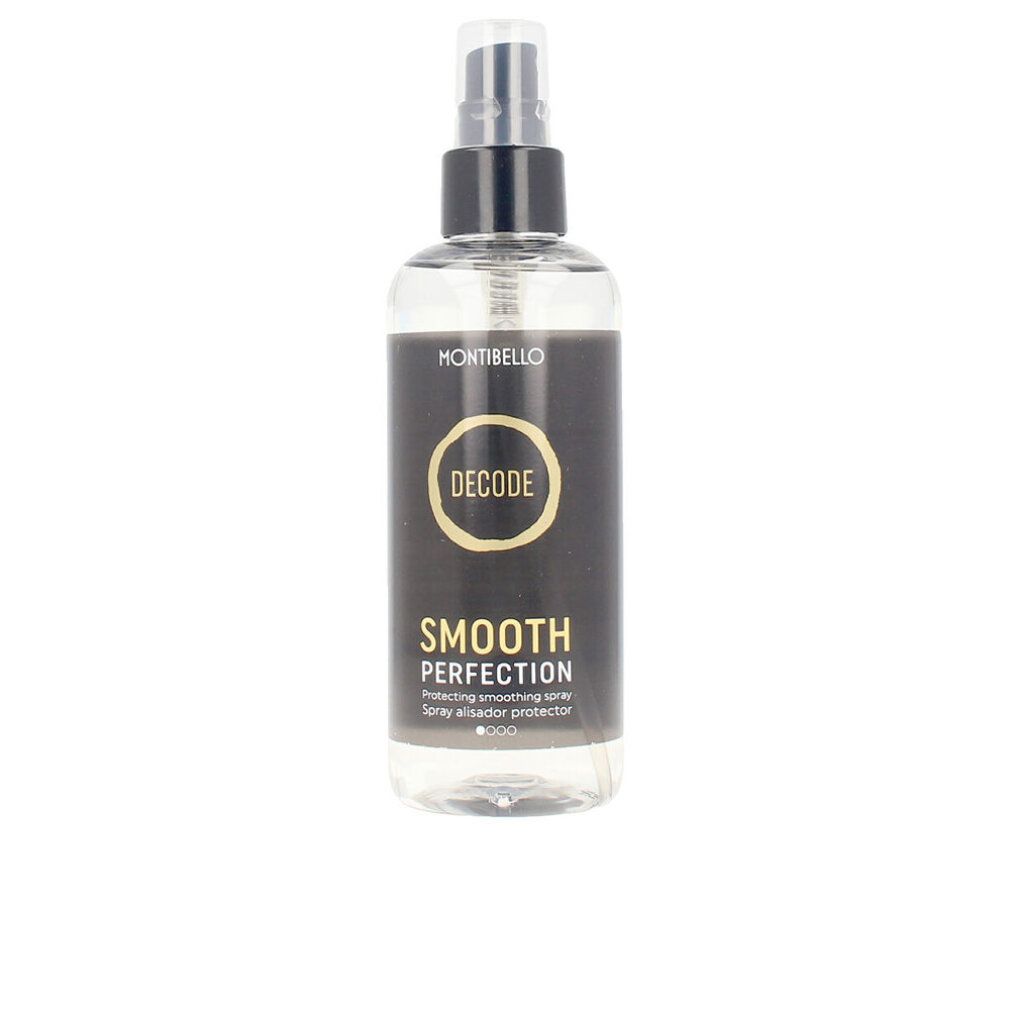 Flacone spray trasparente con tappo nero. Scritta: MONTIBELLO, DECODE, SMOOTH PERFECTION. Etichetta con informazioni.