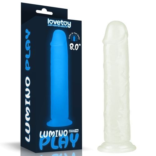 Confezione e dildo. Scatola nera con contorno di dildo blu fluorescente. Accanto, dildo.