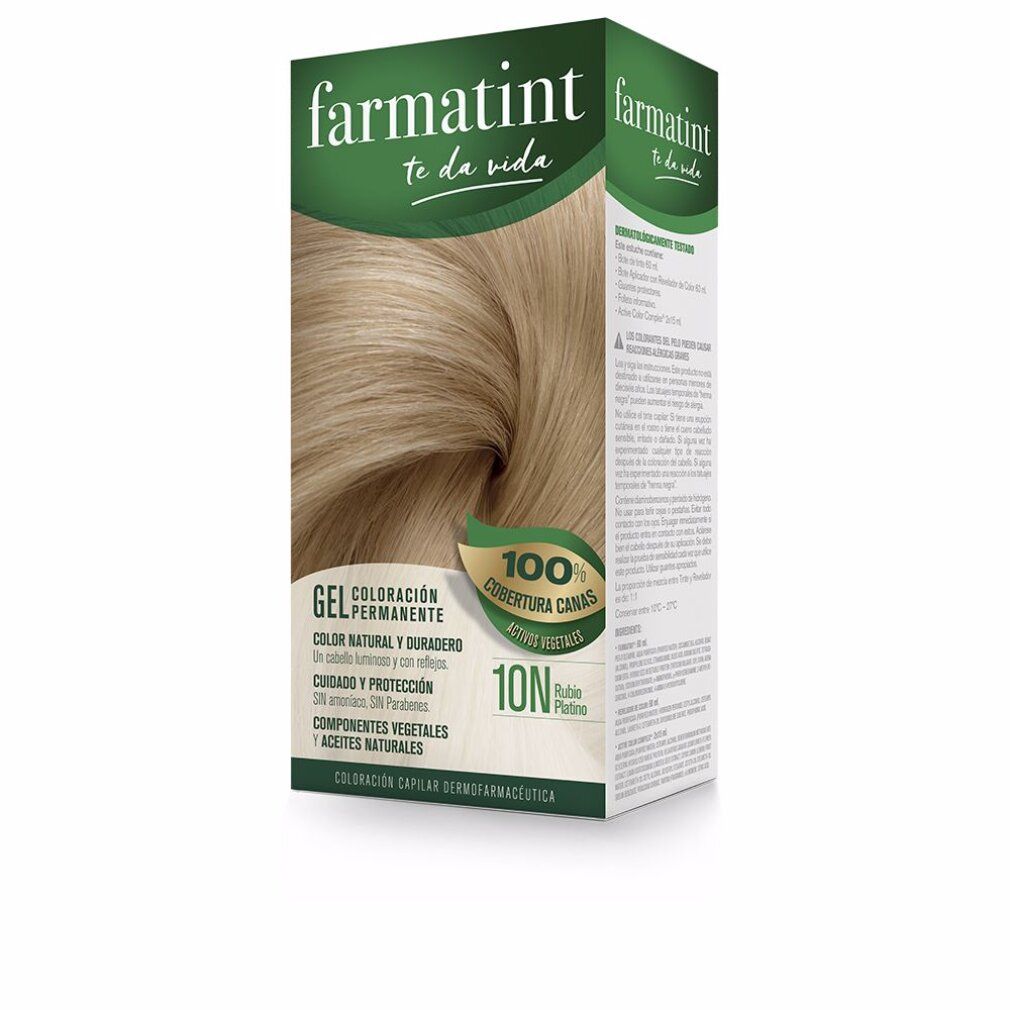 Scatola di colorazione per capelli. Scritta: Farmatint, 10N Biondo Platino. Immagine: capelli biondi.