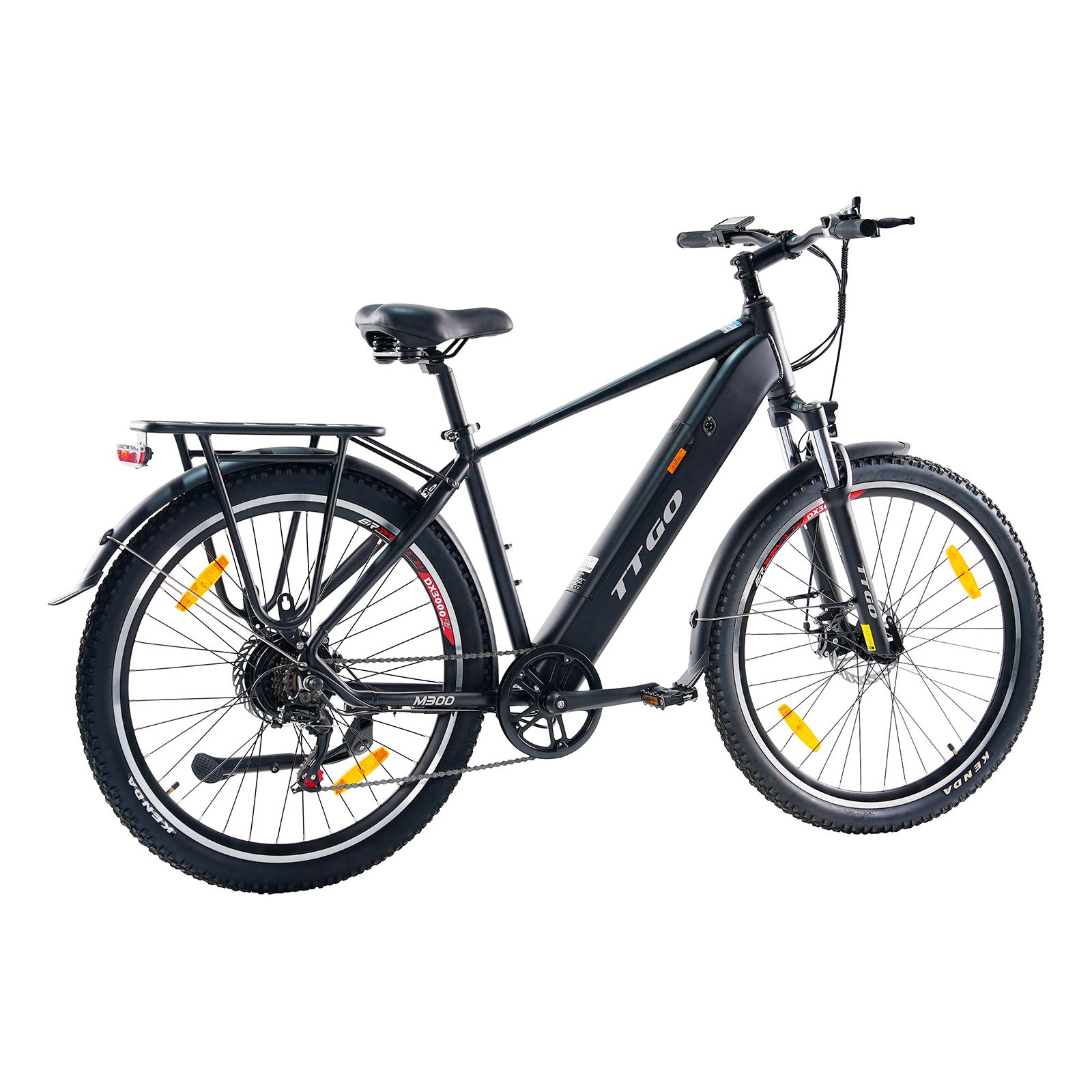 Bicicletta elettrica TTGO M300 nera. Portapacchi, parafanghi, catarifrangenti gialli. Pneumatici Kenda.