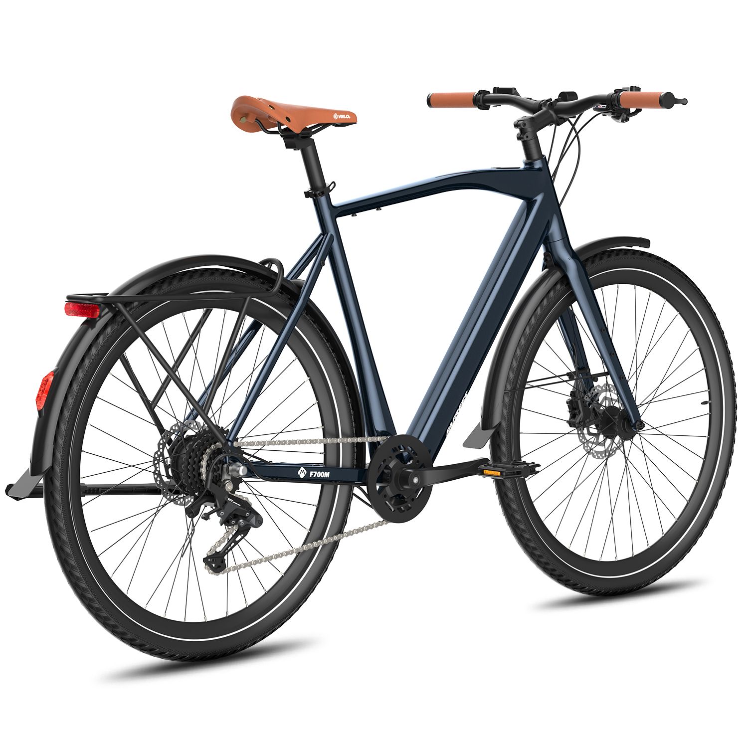 Bicicletta elettrica blu scuro con sella marrone e manopole arancioni. Pneumatici e parafanghi neri. Logo Fafrees.