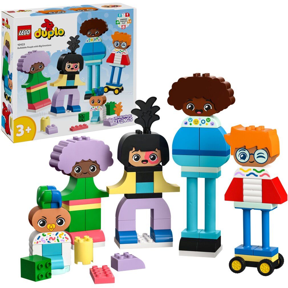 Set LEGO Duplo con 5 personaggi. Personaggi di diversi colori e forme. Confezione con nome del prodotto e raccomandazione di età.