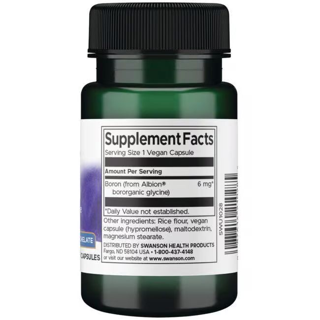 Retro del flacone verde. Etichetta con informazioni nutrizionali: Boro 6 mg, 1 capsula vegana. Elenco ingredienti.