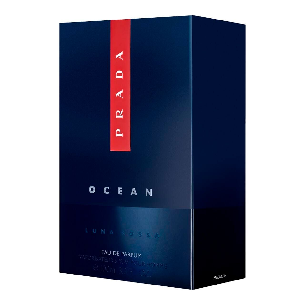 Confezione blu scuro. Striscia rossa con scritta Prada bianca. Testo: Ocean, Luna Rossa, Eau de Parfum.