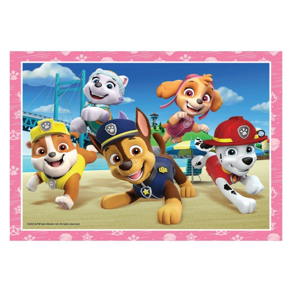 Puzzle con personaggi di Paw Patrol. Diversi personaggi sono raffigurati su sfondo blu.