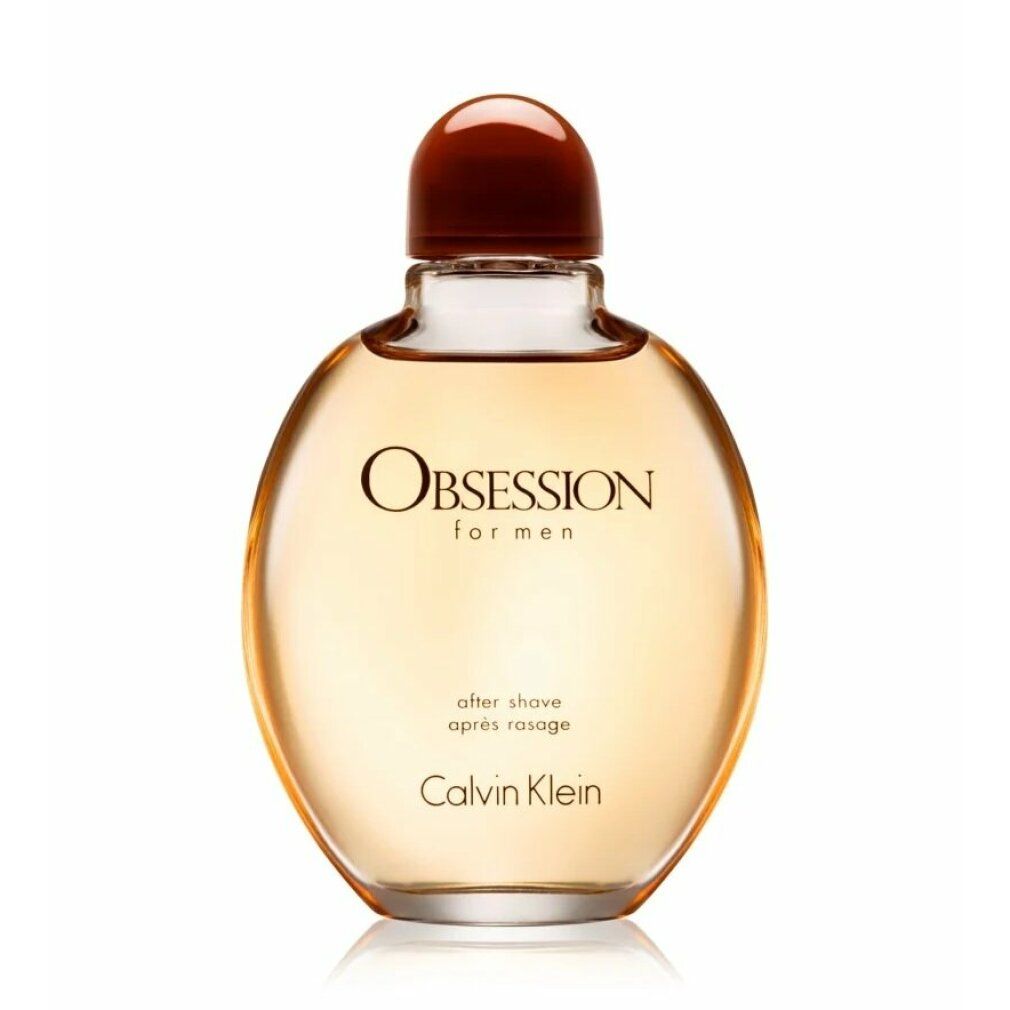 Flacone rotondo con tappo marrone. Scritta: Obsession for men, after shave, Calvin Klein.