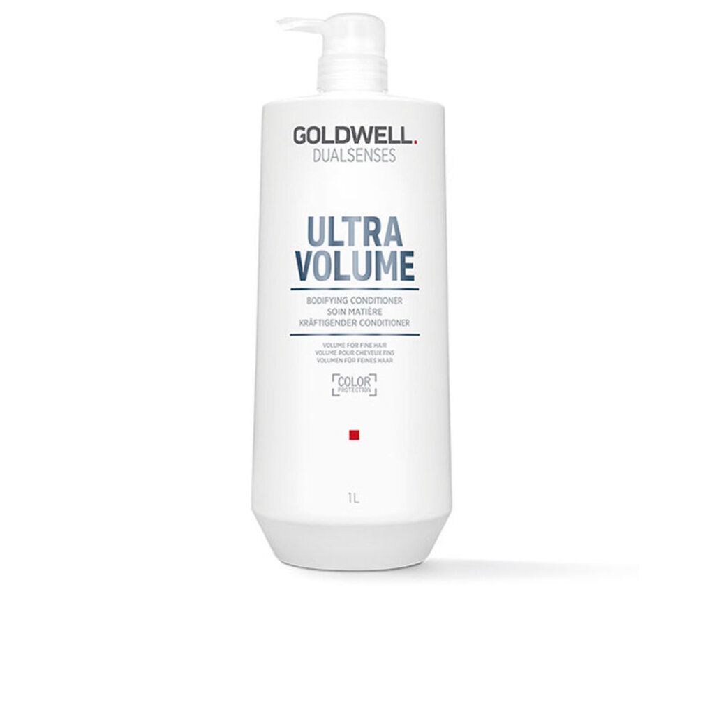Flacone bianco con pompa. Scritta: GOLDWELL DUALSENSES ULTRA VOLUME. Testo in inglese, francese e tedesco. 1L.