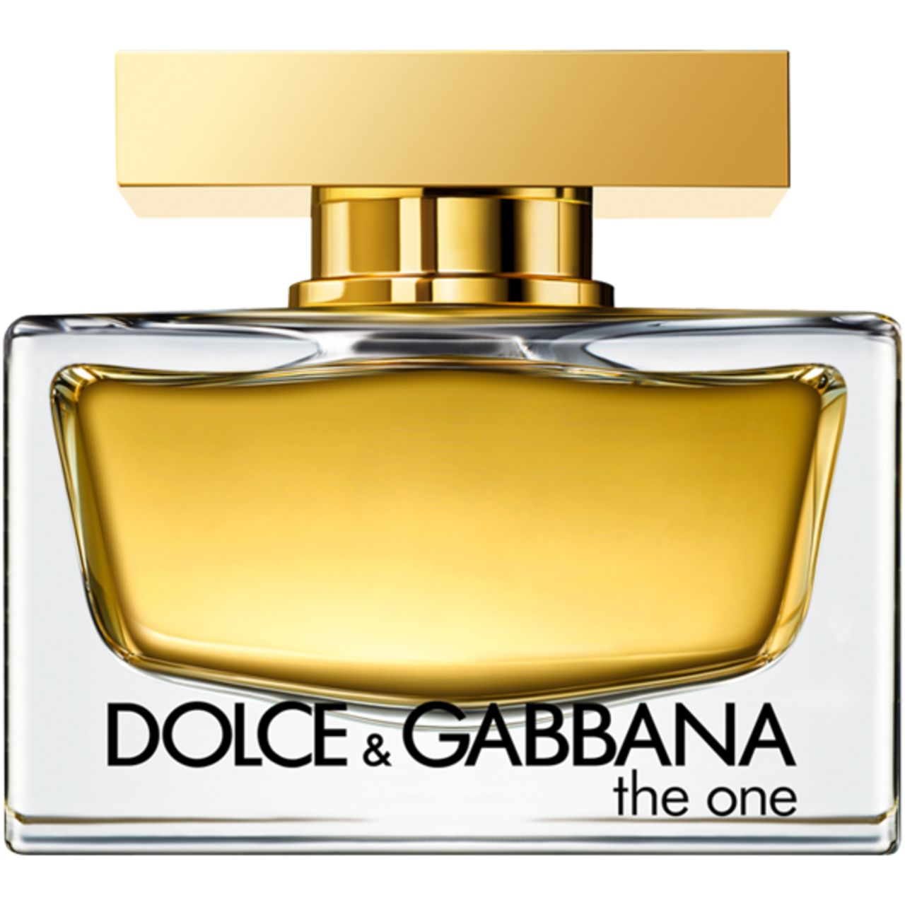 Flacone di profumo. Flacone rettangolare con tappo dorato. Scritta Dolce & Gabbana the one.