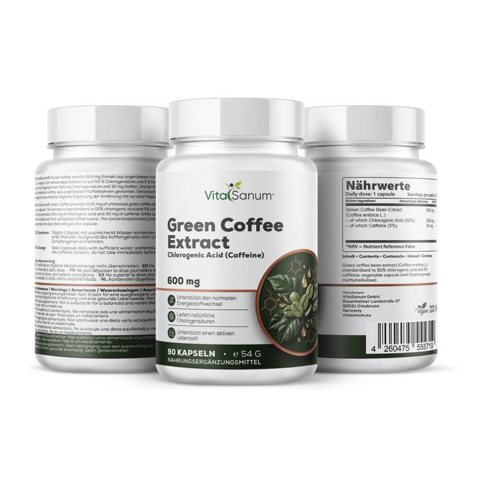 Tre flaconi di capsule VitaSanum Estratto di Caffè Verde, 600 mg. Fronte con informazioni sul prodotto e illustrazione di chicchi di caffè.