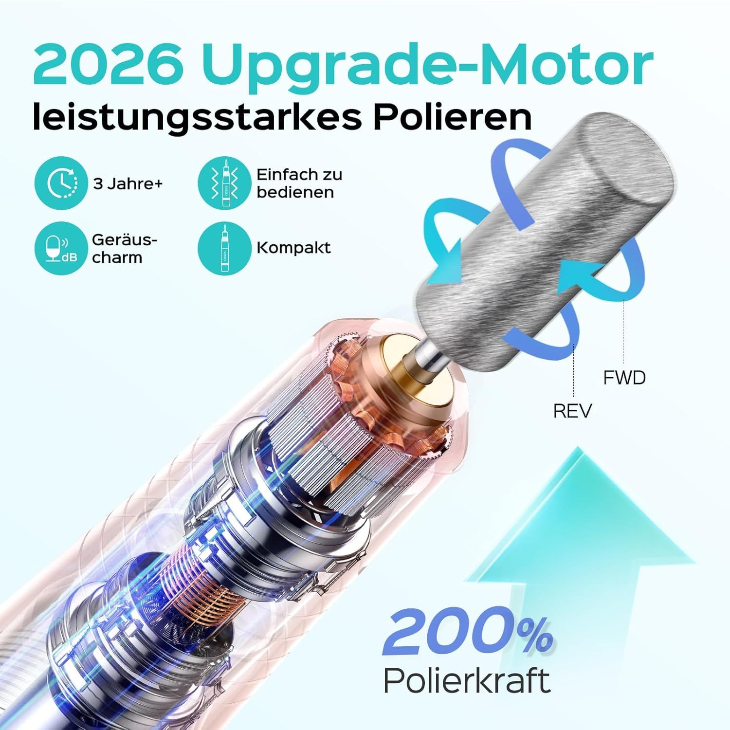 Testina per fresa per unghie con testo: Motore di aggiornamento 2026, lucidatura potente. Illustrazioni: 3 anni+, facile da usare, compatto.