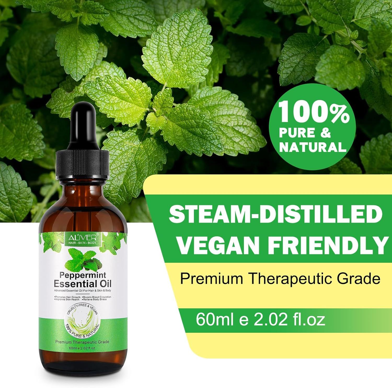 Flacone di vetro marrone con contagocce e olio essenziale. Sfondo con foglie di menta. Testo: 100% Pure & Natural, Steam-Distilled, Vegan Friendly.