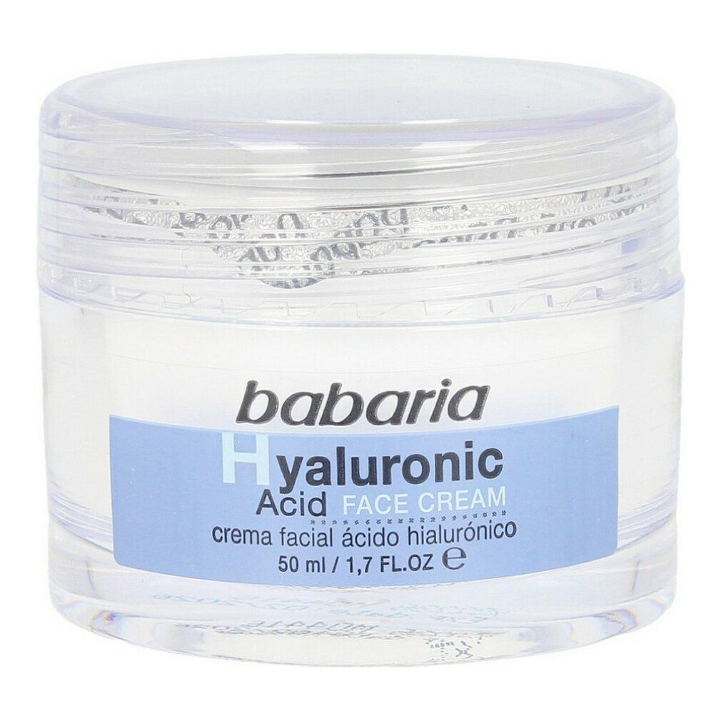 Vasetto di vetro con etichetta blu. Scritta: Babaria Hyaluronic Acid Face Cream.