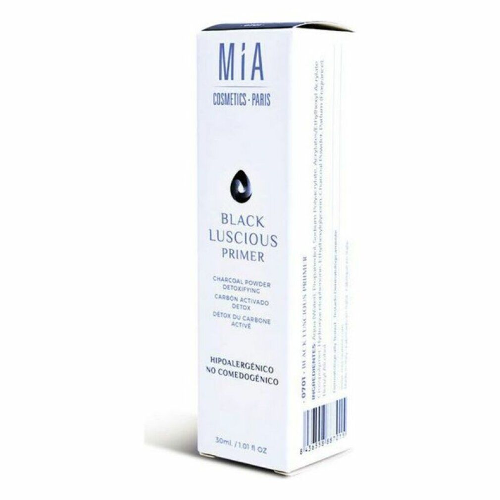 Confezione bianca. Mia Cosmetics. Testo: Black Luscious Primer. Contiene carbone attivo. Ipoallergenico. 50ml.