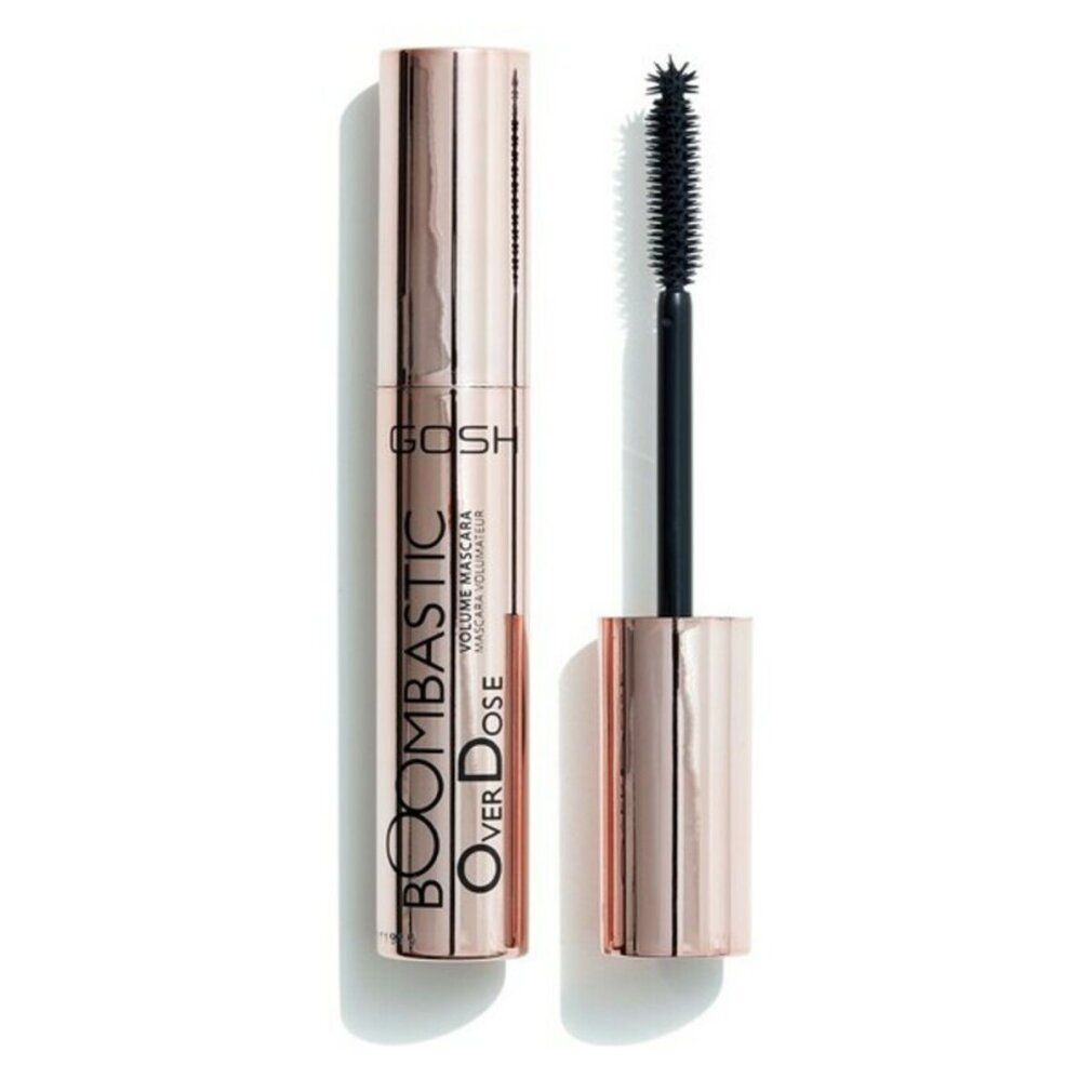 Mascara Gosh Boombastic Overdose. Tubo color oro rosa, spazzola nera. Nome del prodotto e marchio visibili.
