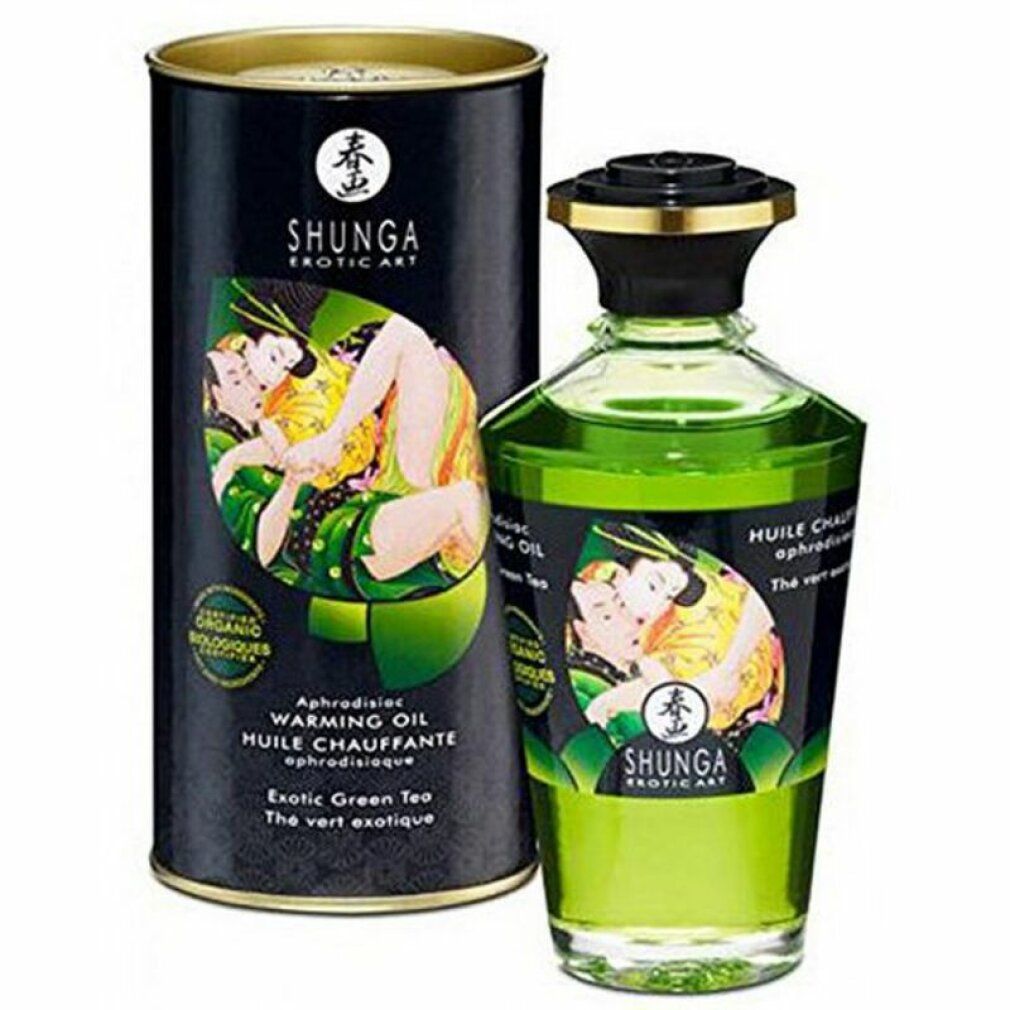 Olio da massaggio Shunga Green Tea, bottiglia e scatola. Olio verde, etichetta con baci.