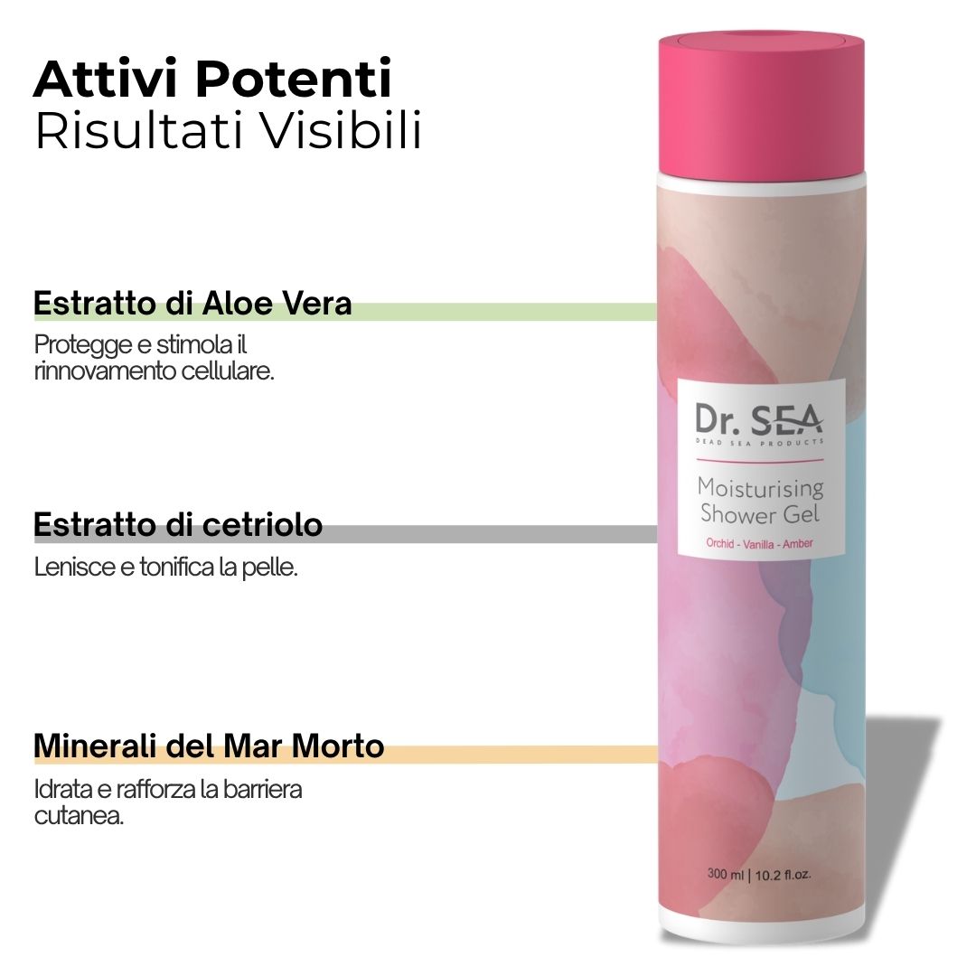 Flacone di gel doccia con ingredienti. Testo: Dr. SEA, Moisturising Shower Gel. Ingredienti: Aloe Vera, cetriolo, minerali.