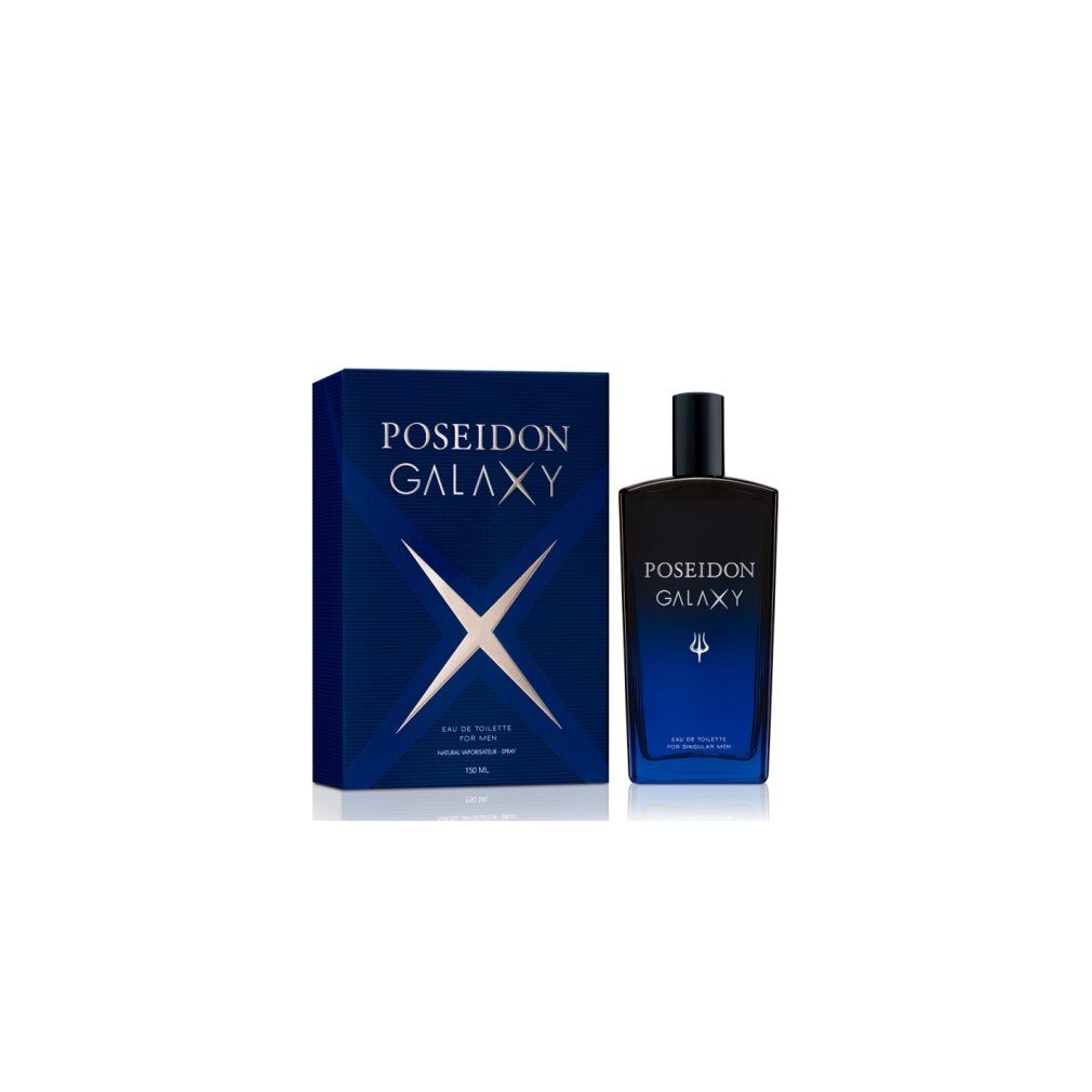 Flacone blu e scatola con logo Poseidon Galaxy. Flacone con tappo nero. Testo: Eau de Toilette per uomo.