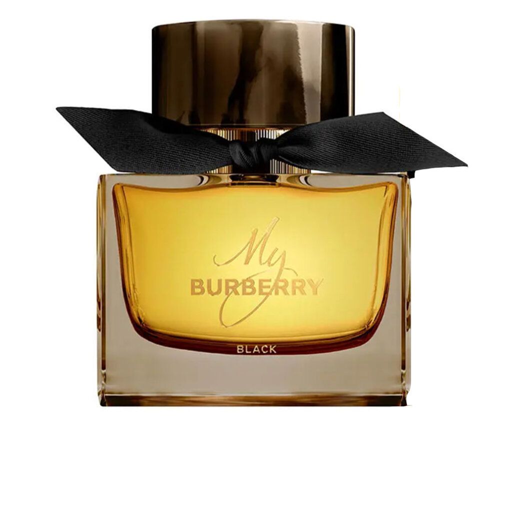 Burberry My Burberry Black E.d.P. Nat. Spray. Flacone quadrato con fiocco nero. Scritta dorata sul flacone.