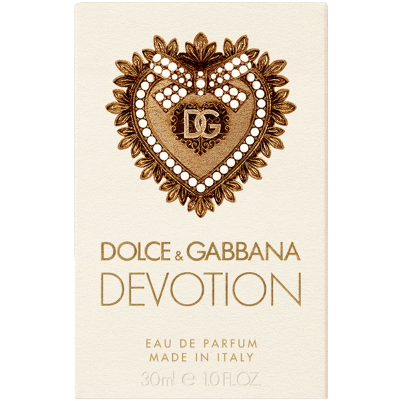 Confezione con 'Dolce & Gabbana Devotion'. Emblema a forma di cuore con logo 'DG'.