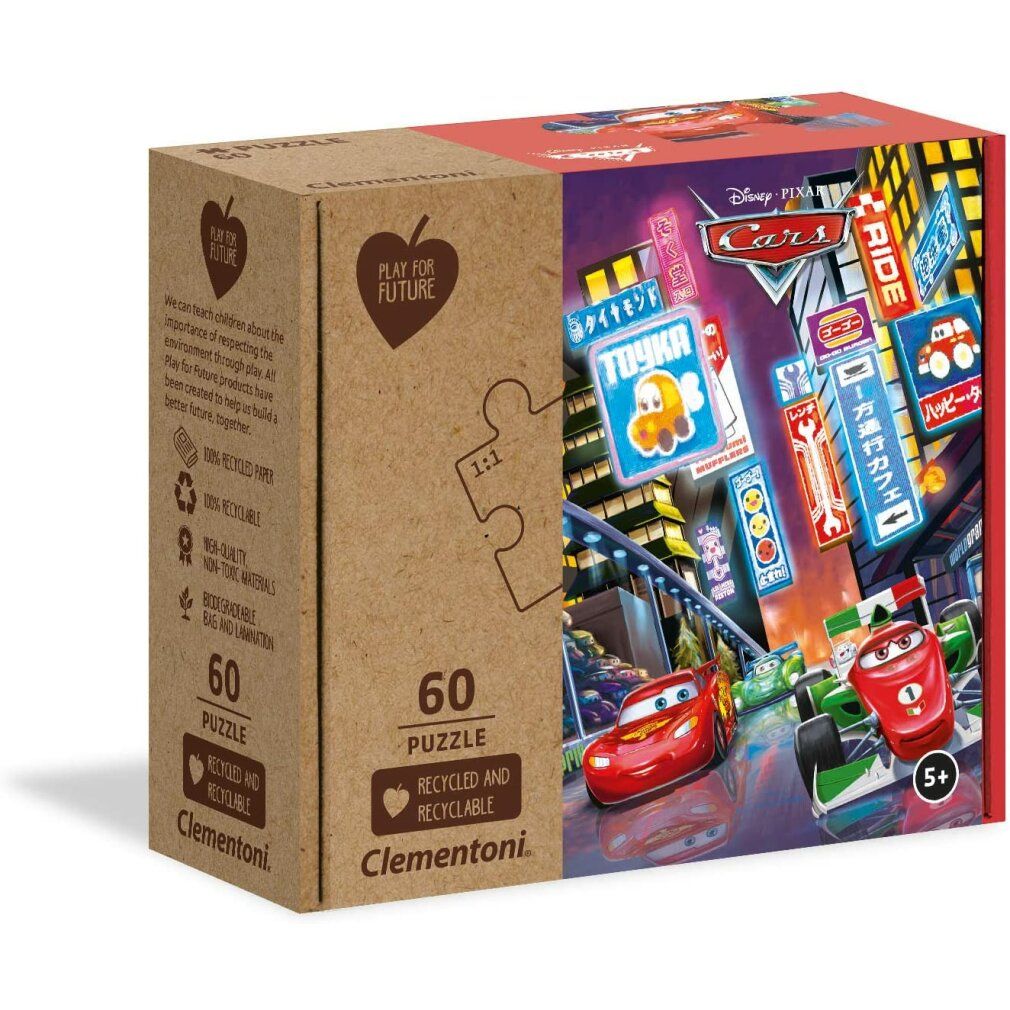 Scatola puzzle Clementoni. 60 pezzi. Motivo Cars. Imballaggio riciclato. Logo Play for Future. Età consigliata 5+. Logo Clementoni.