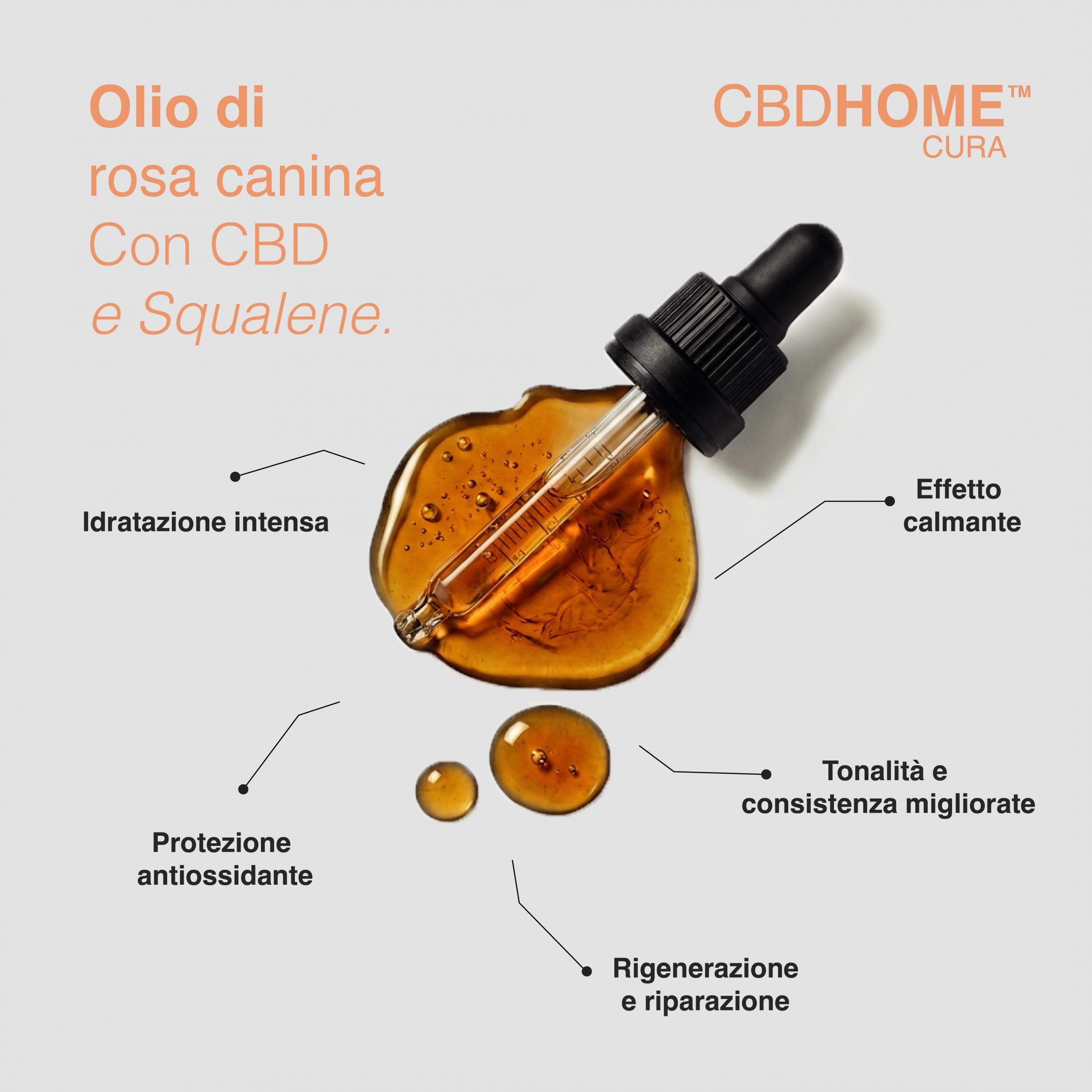 Gocce di olio di rosa canina con CBD e Squalene, contagocce, idratazione intensa, protezione antiossidante, calmante.