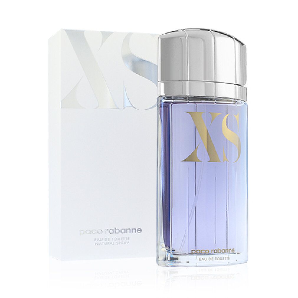 Flacone con tappo argentato e confezione bianca. Scritta XS e Paco Rabanne. Eau de Toilette.