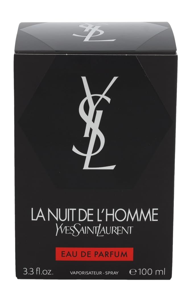 Confezione nera. Logo YSL bianco e scritta: La Nuit de l'Homme, Eau de Parfum. Scritta rossa: Eau de Parfum.