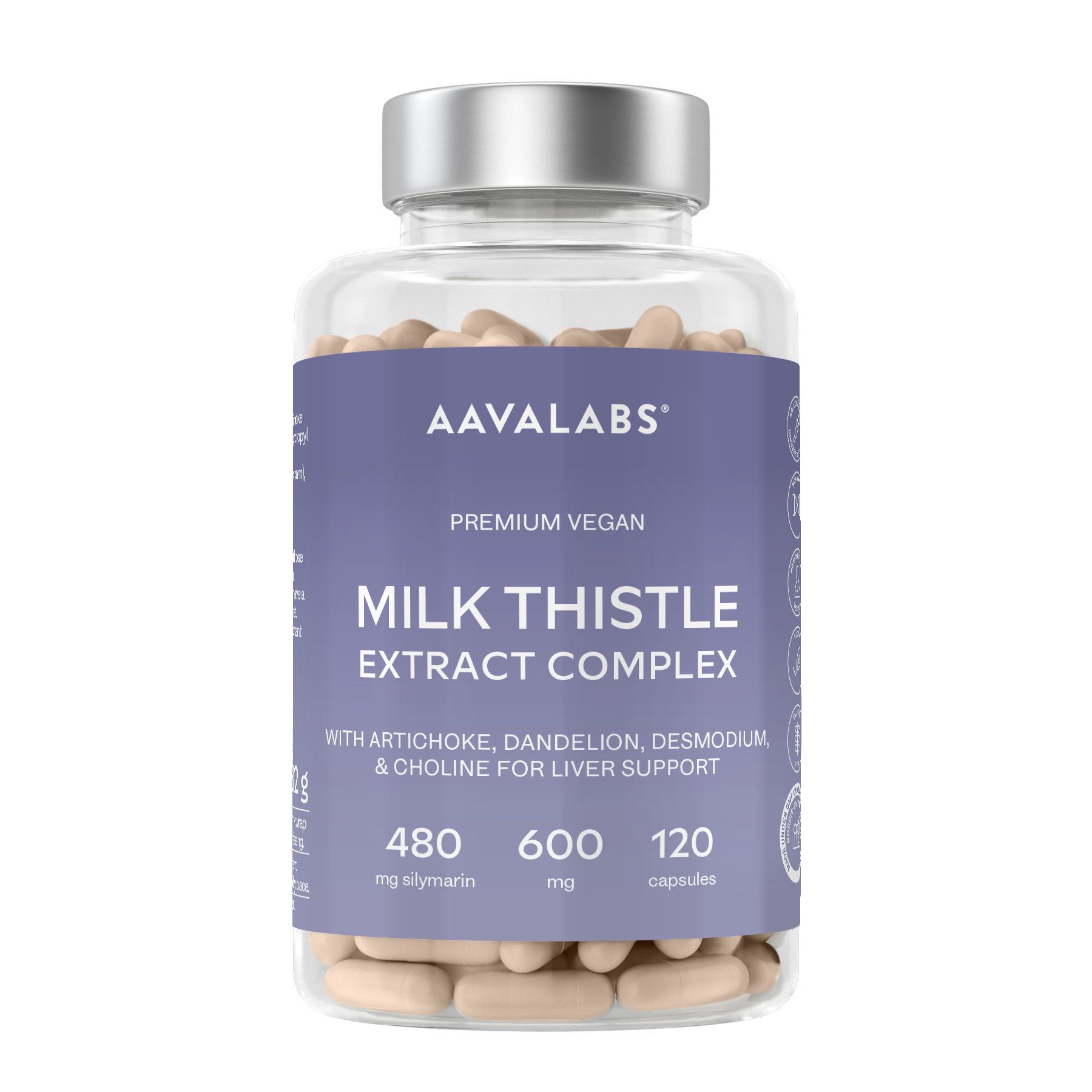Flacone di capsule AAVALABS Mariendistel mit Artischocke, Löwenzahn & Cholin. 120 capsule. Etichetta viola.