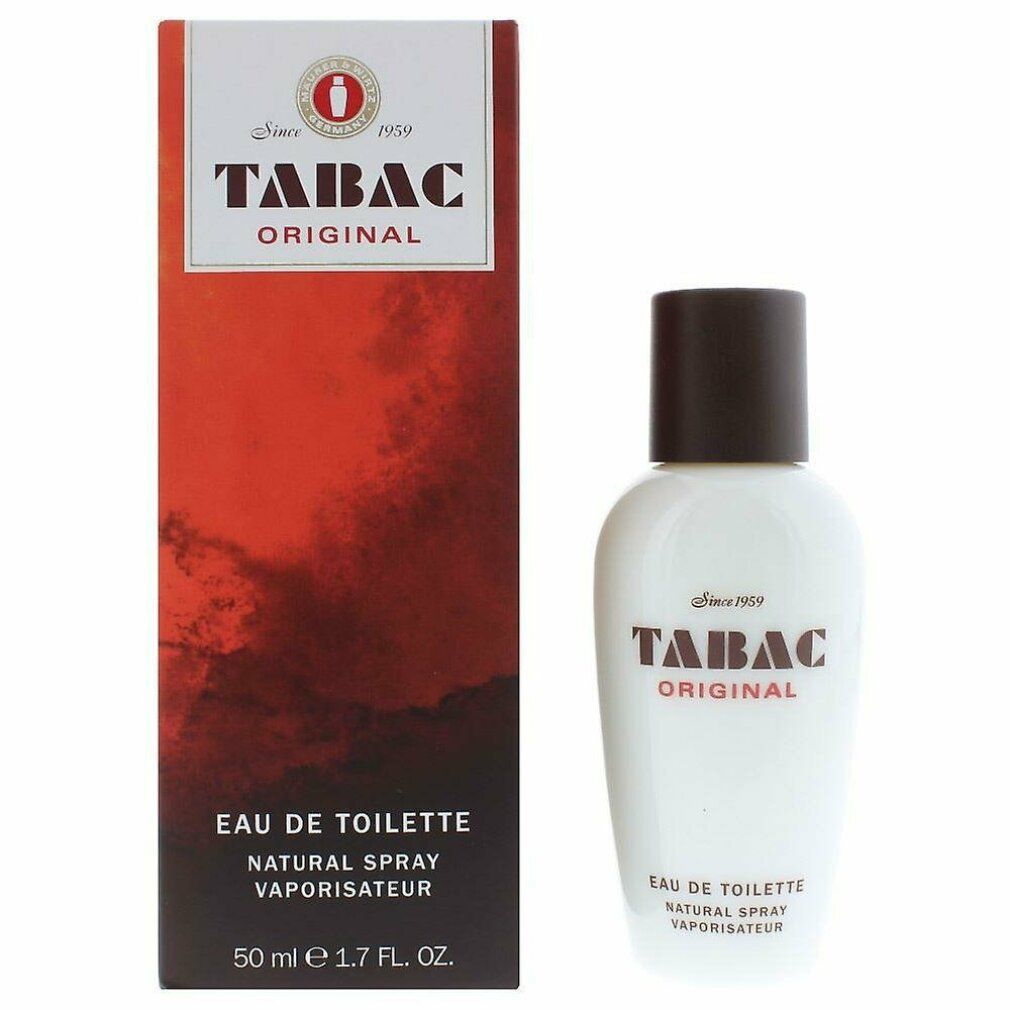 Tabac Original Eau de Toilette. Flacone bianco con tappo marrone e confezione. Testo: Tabac Original, Eau de Toilette.