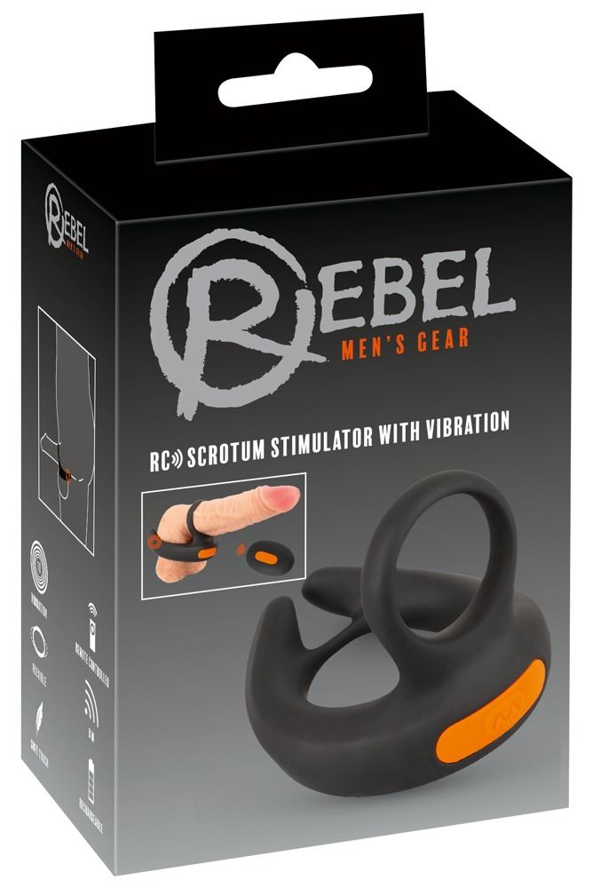 Confezione del vibratore per scroto Rebel con telecomando, che mostra il prodotto e le sue funzioni.