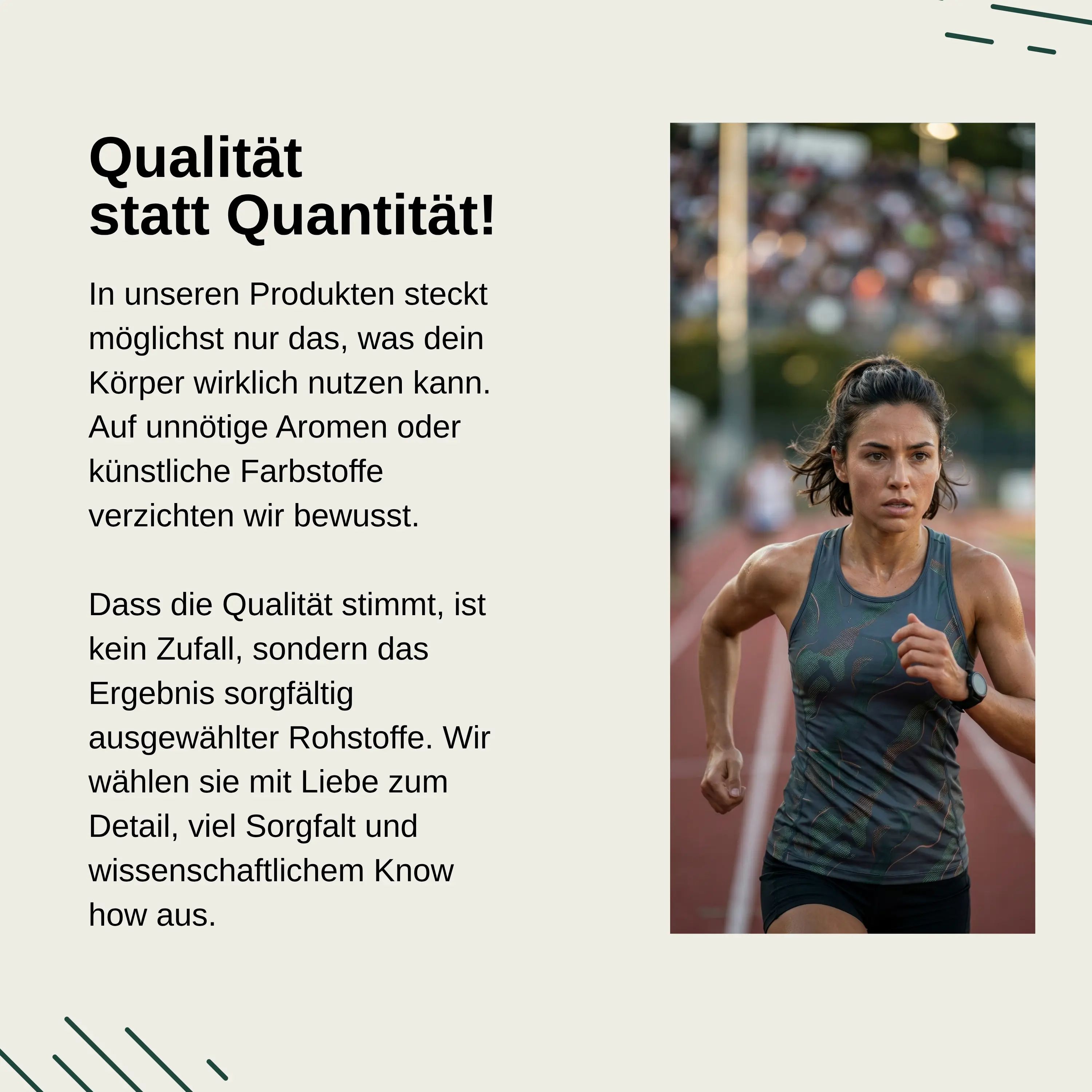Corridrice su una pista, testo 'Qualità invece di quantità!' e informazioni sulle materie prime.