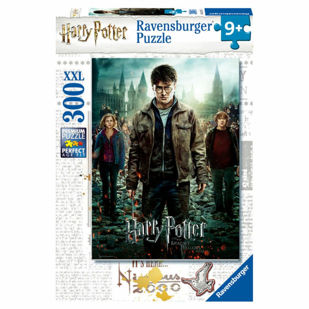 Scatola puzzle Harry Potter. Puzzle XXL da 300 pezzi. Logo Ravensburger e indicazione età 9+. Raffigurati Harry, Hermione e Ron.