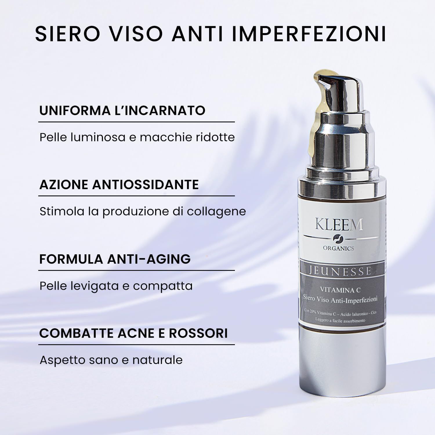 Siero alla vitamina C. Testo: Siero Viso Anti Imperfezioni. Uniforma l'incarnato, formula anti-età, combatte l'acne.