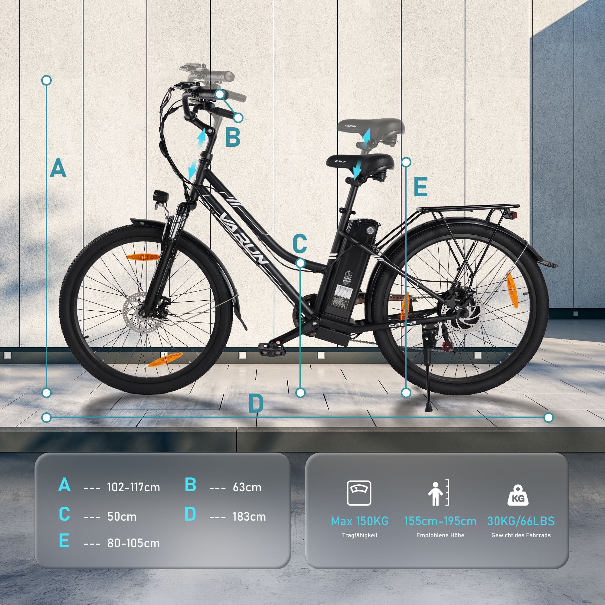 E-bike nera VARUN C26-2. Dimensioni: A 102-117cm, B 63cm, C 50cm, D 183cm, E 80-105cm. Max. 150KG.