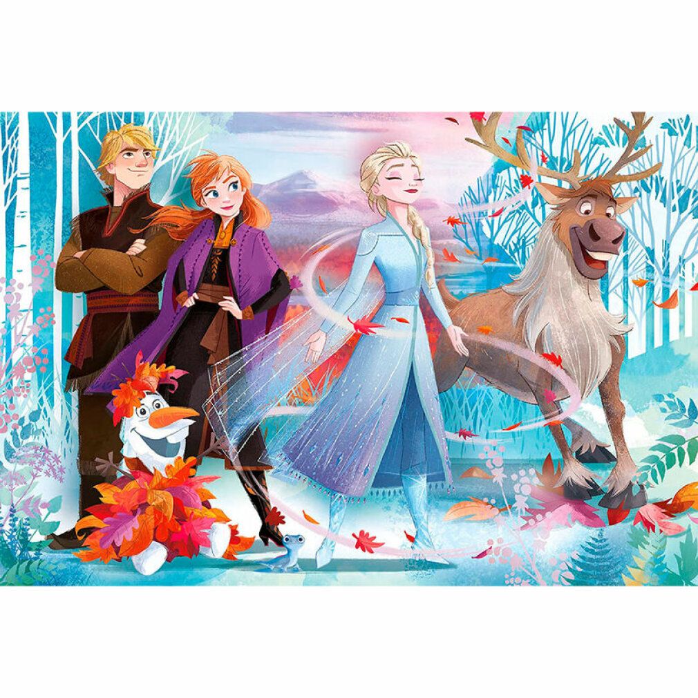 Motivo puzzle Frozen 2 con Elsa, Anna, Kristoff, Olaf e Sven. Scena autunnale con foglie e alberi.