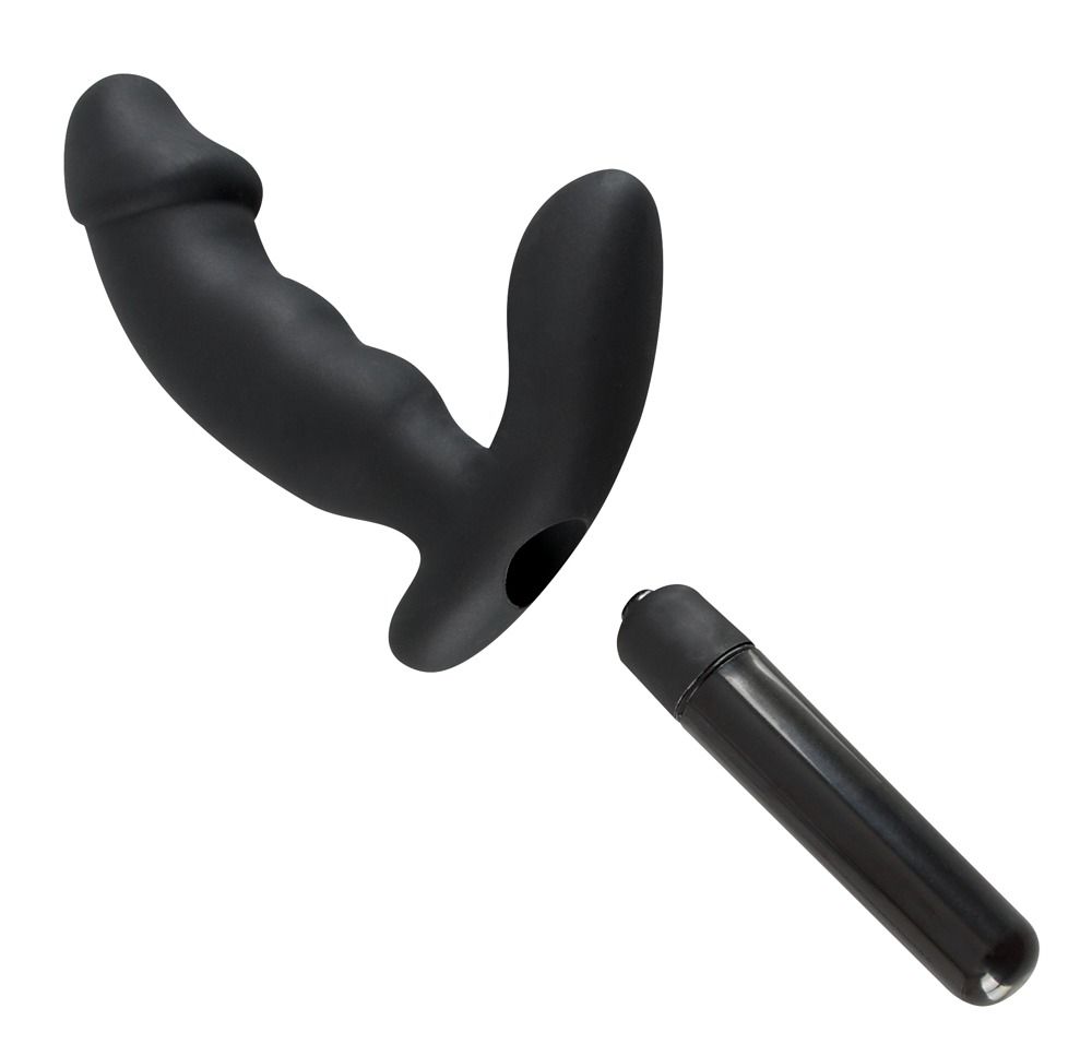 Vibratore nero a forma di pene e vibratore nero separato.