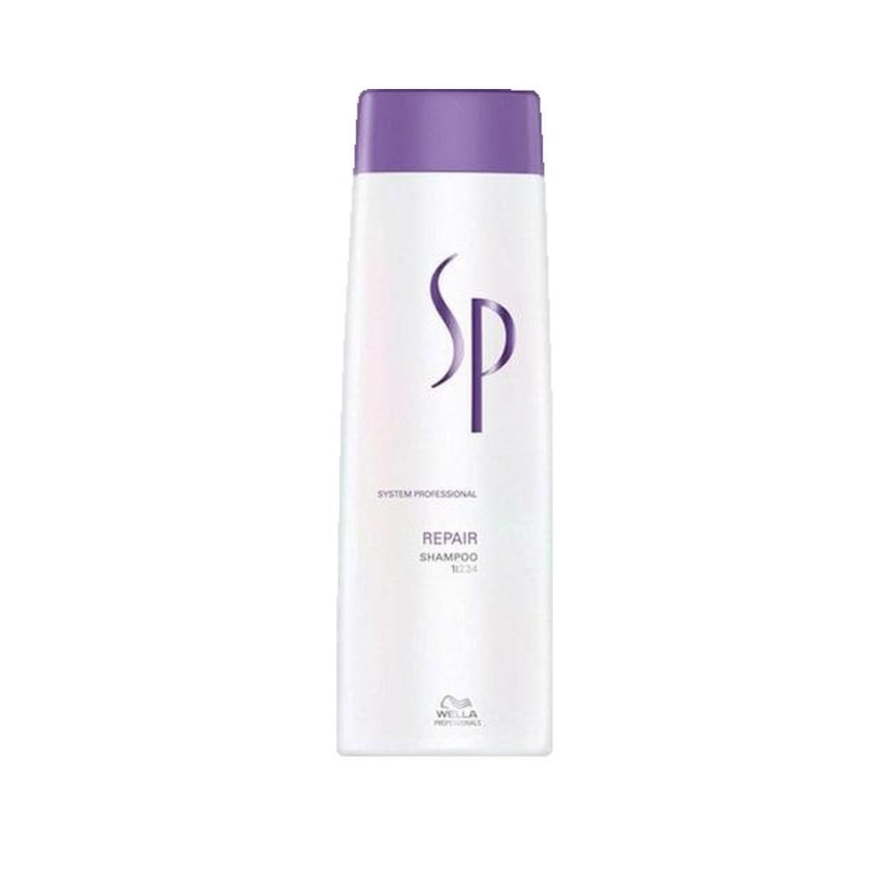 Flacone di shampoo bianco con logo SP viola. Testo: Repair Shampoo. Flacone con tappo viola.