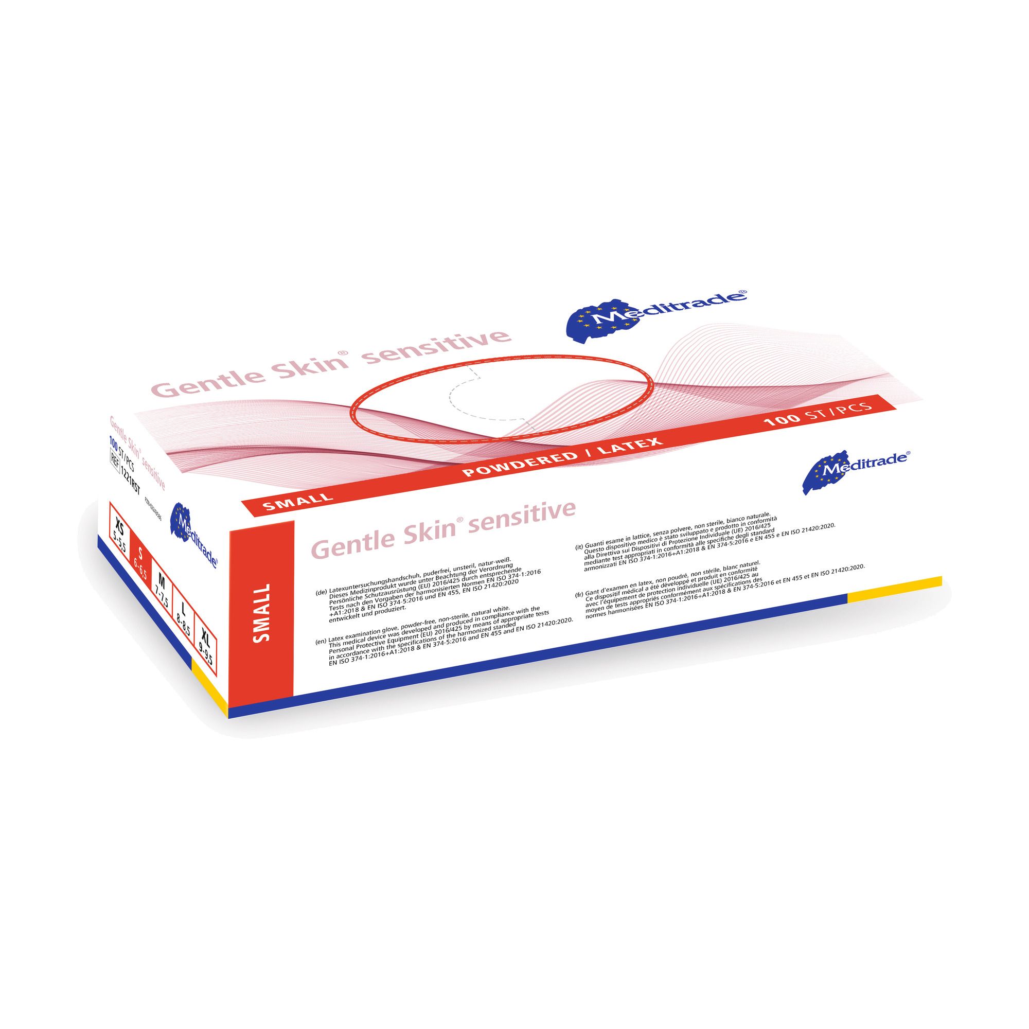 Confezione di guanti monouso Meditrade Gentle Skin sensitive, lattice, senza polvere, 100 pezzi, taglia S.