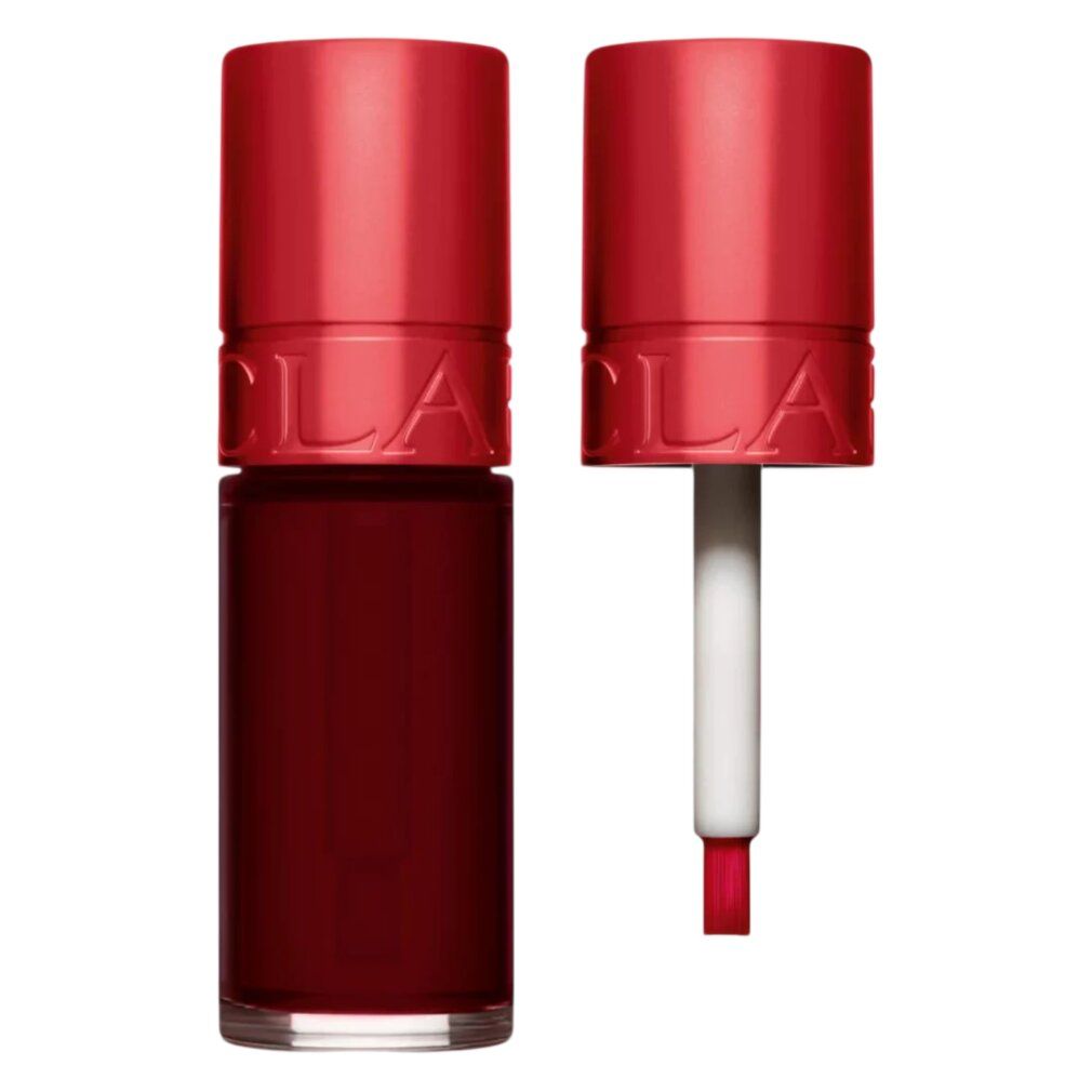 CLARINS Lip Tint rosso scuro. Flacone aperto con applicatore, tappo rosso.