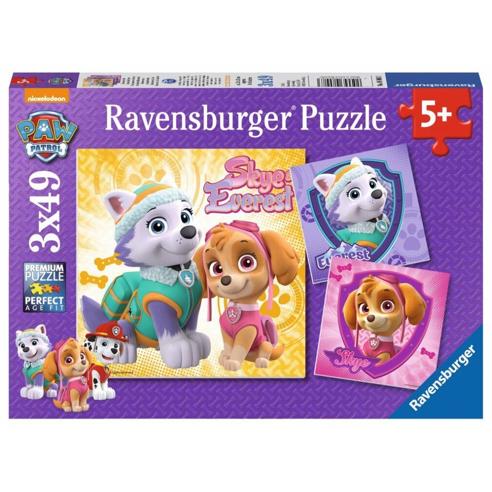 Scatola puzzle Ravensburger 3x49 pezzi. Raffigurati Skye ed Everest di Paw Patrol. Età consigliata: 5+. Puzzle premium.