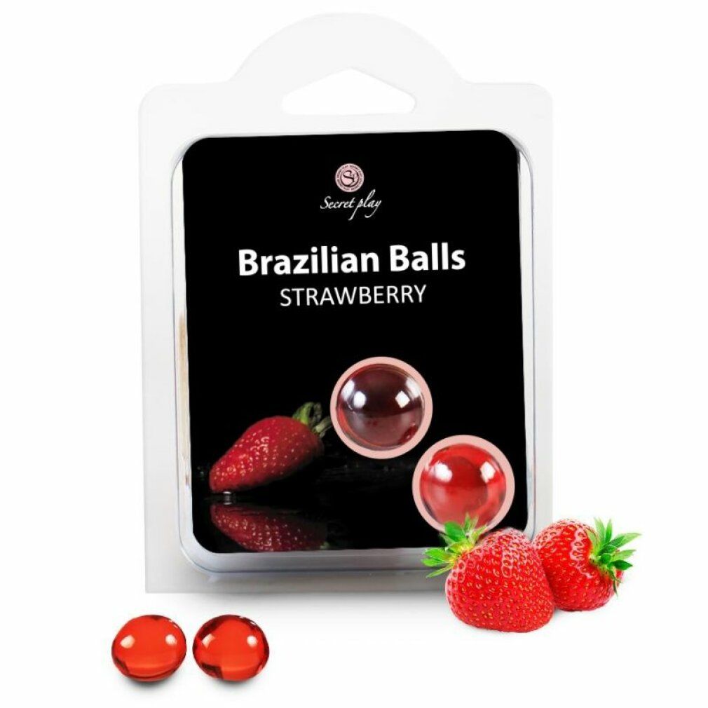 Confezione con due sfere rosse e fragole. Scritta: Brazilian Balls Strawberry. Marchio: Secretplay.